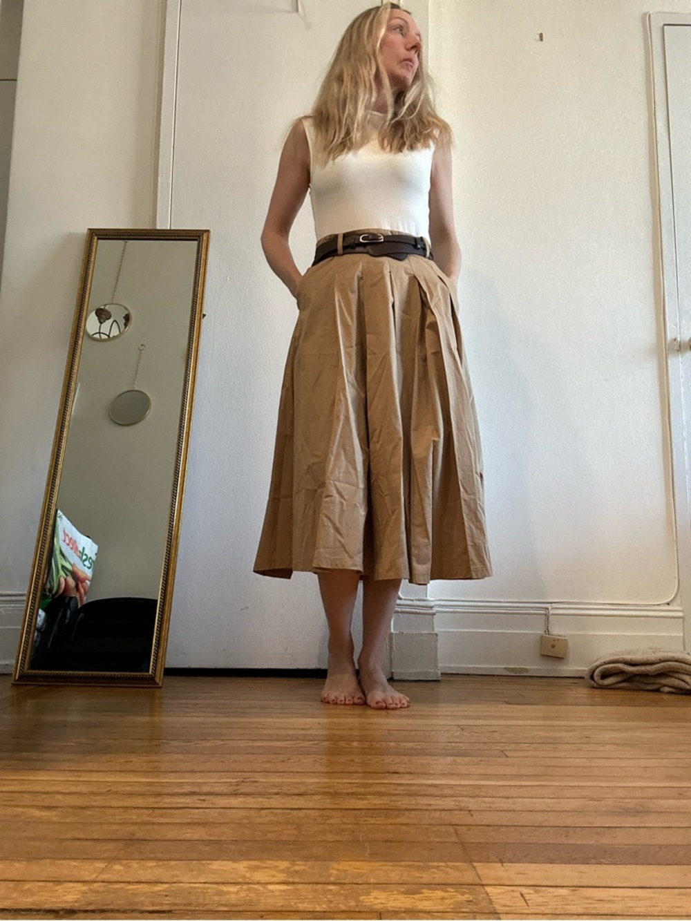 Zara Tan and Cream Pleated Midi Dress